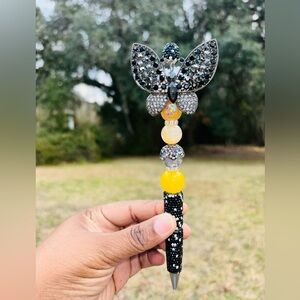Custom Made Black Rhinestone Butterfly Beaded Pen